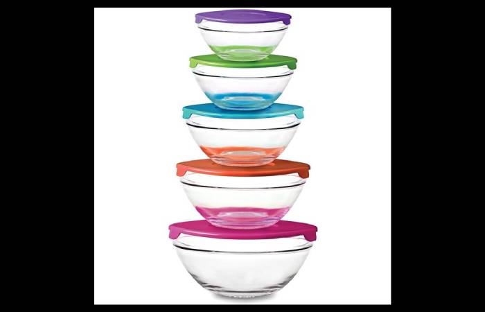 10 Piece Glass Bowl Set with Plastic Lids (Microwave, Freezer and Dishwasher Safe) by PKP