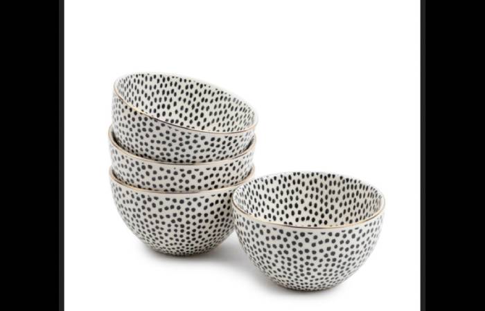 Thyme & Table Servware Black & White Dot Stoneware Snack Round Bowls, 4 Pack